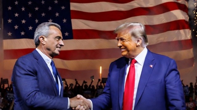 RFK Jr. and Trump shaking hands in front of US Flag