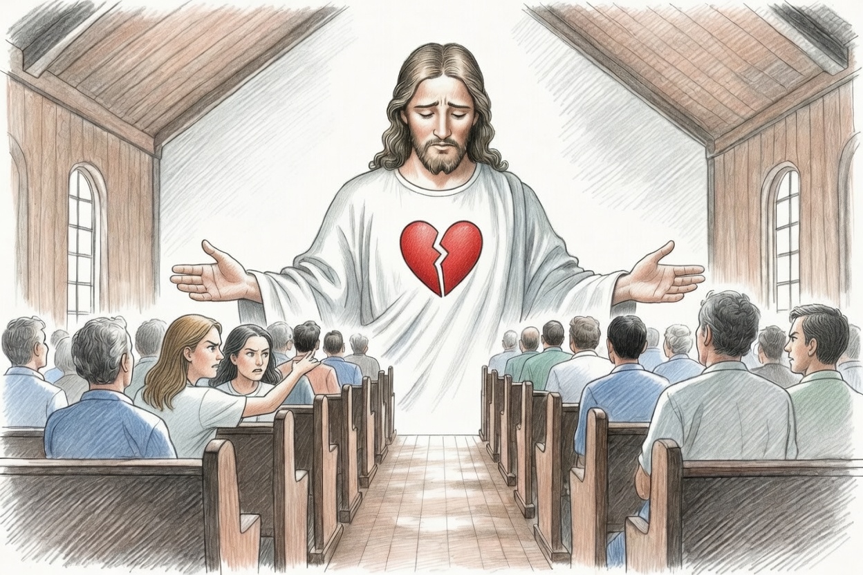 A divided church with Jesus looking on.