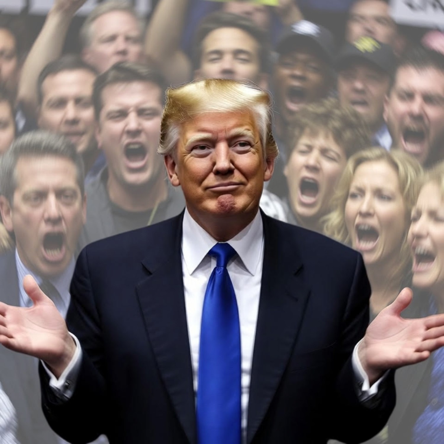 Confident Donald Trump with critics shouting in the background.